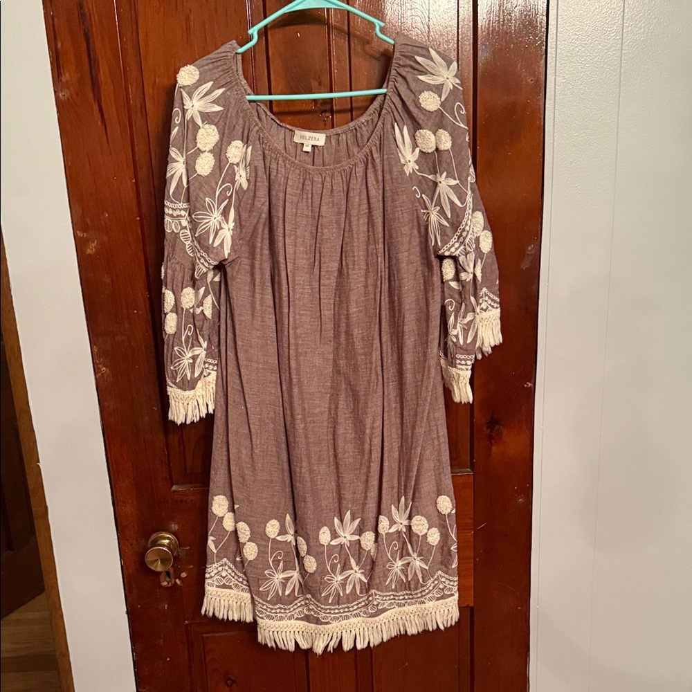 Velzera Brown Midi Dress with Cream Floral Embroidery